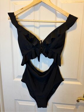 Ruffled Black Cutout One-Piece UPF50+ Swimsuit